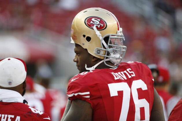 San Francisco 49ers offensive tackle Anthony Davis stands on the sidelines during the second half of an NFL preseason football game against the Houston Texans on Sunday, Aug. 14, 2016, in Santa Clara, Calif. Houston won the game 24-13. (AP Photo/Tony Avelar)