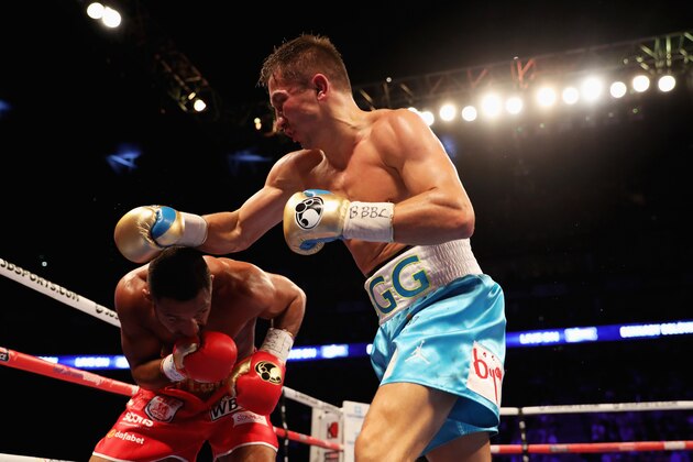 LONDON, ENGLAND - SEPTEMBER 10:  Gennady Golovkin (blue trunks) and Kell Brook (red trunks) in action during their World Middleweight Title contest at The O2 Arena on September 10, 2016 in London, England.  (Photo by Richard Heathcote/Getty Images)