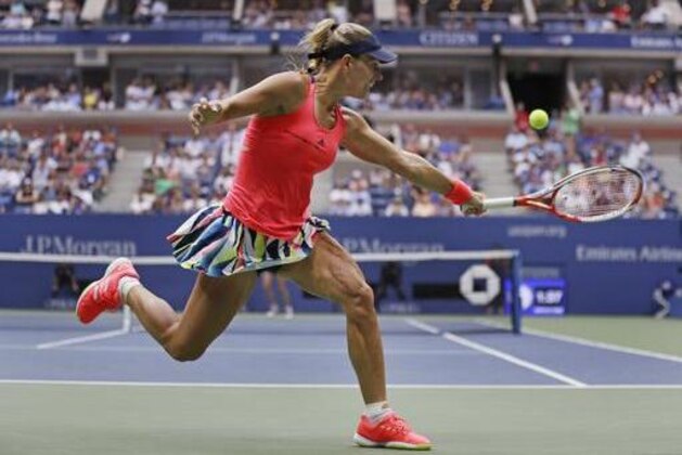 Angelique Kerber, of Germany, returns a shot to Karolina Pliskova, of the Czech Republic, during the women's singles final of the U.S. Open tennis tournament, Saturday, Sept. 10, 2016, in New York. (AP Photo/Charles Krupa)