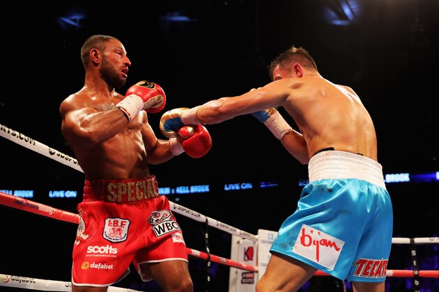 LONDON, ENGLAND - SEPTEMBER 10:  Gennady Golovkin (blue trunks) and Kell Brook (red trunks) in action during their World Middleweight Title contest at The O2 Arena on September 10, 2016 in London, England.  (Photo by Richard Heathcote/Getty Images)