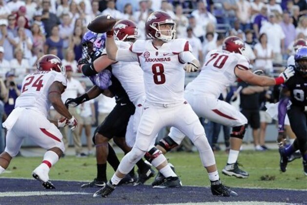 Arkansas quarterback Austin Allen (8) throws a pass in the first half of an NCAA college football game against TCU on Saturday, Sept. 10, 2016, in Fort Worth, Texas. (AP Photo/Tony Gutierrez)
