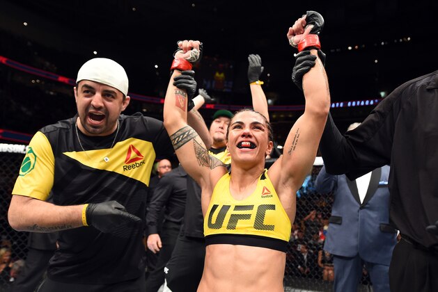 CLEVELAND, OH - SEPTEMBER 10:  Jessica Andrade of Brazil celebrates after defeating Joanne Calderwood of Scotland in their strawweight bout during the UFC 203 event at Quicken Loans Arena on September 10, 2016 in Cleveland, Ohio. (Photo by Josh Hedges/Zuffa LLC/Zuffa LLC via Getty Images)