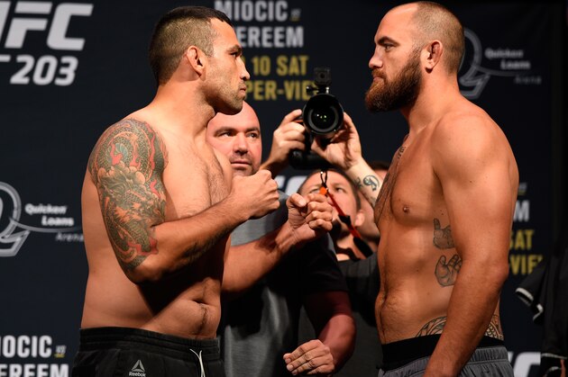 CLEVELAND, OH - SEPTEMBER 09:  (L-R) Fabricio Werdum of Brazil and Travis Browne of the United States face off during the UFC 203 Weigh-in at Quicken Loans Arena on September 9, 2016 in Cleveland, Ohio. (Photo by Josh Hedges/Zuffa LLC/Zuffa LLC via Getty Images)