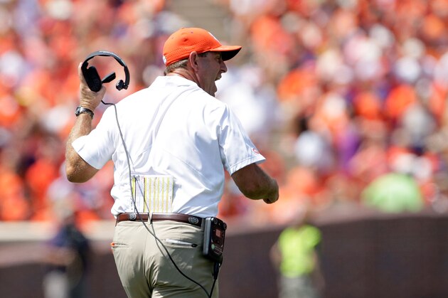 CLEMSON, SC - SEPTEMBER 10: Head Coach Dabo Swinney of the Clemson Tigers reacts after a play during the game against the Troy Trojans at Memorial Stadium on September 10, 2016 in Clemson, South Carolina. (Photo by Tyler Smith/Getty Images)