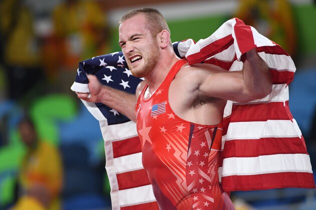 USA's Kyle Frederick Snyder celebrates after winning against Azerbaijan's Khetag Goziumov in their men's 97kg freestyle final match on August 21, 2016, during the wrestling event of the Rio 2016 Olympic Games at the Carioca Arena 2 in Rio de Janeiro. / AFP / Toshifumi KITAMURA        (Photo credit should read TOSHIFUMI KITAMURA/AFP/Getty Images)