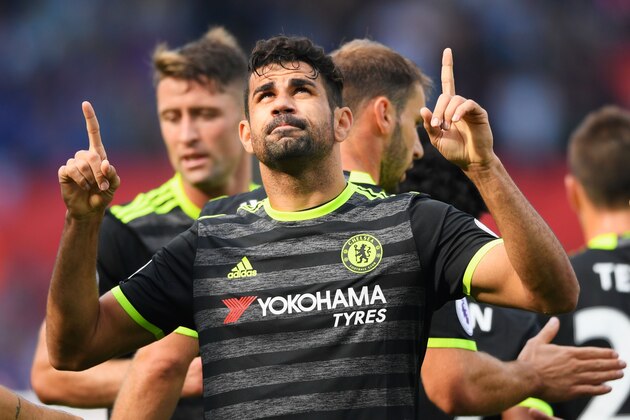 SWANSEA, WALES - SEPTEMBER 11:  Diego Costa of Chelsea celebrates with team mates as he scores their first goal during the Premier League match between Swansea City and Chelsea at Liberty Stadium on September 11, 2016 in Swansea, Wales.  (Photo by Stu Forster/Getty Images)