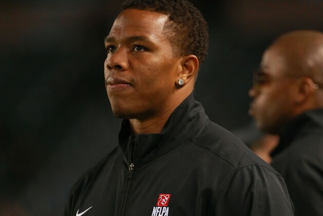CARSON, CA - JANUARY 23:  Running back coach Ray Rice of the National Team looks on from the sideline during the NFLPA Collegiate Bowl between the American Team and the National Team at StubHub Center on January 23, 2016 in Carson, California. The National Team defeated the American Team 18-17.  (Photo by Victor Decolongon/Getty Images)
