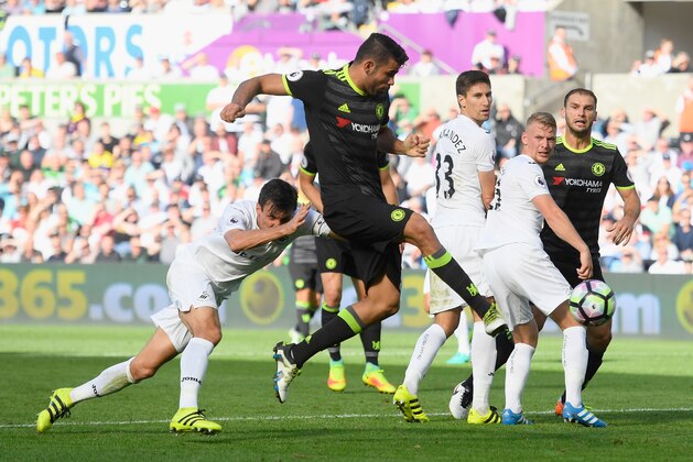 SWANSEA, WALES - SEPTEMBER 11:  Diego Costa of Chelsea misses a chance on goal during the Premier League match between Swansea City and Chelsea at Liberty Stadium on September 11, 2016 in Swansea, Wales.  (Photo by Stu Forster/Getty Images)