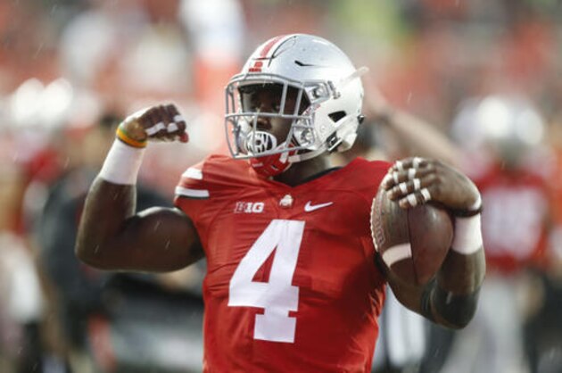 Ohio State running back Curtis Samuel, celebrates catching a pass against Tulsa during second half of an NCAA college football game, Saturday, Sept. 10, 2016, in Columbus, Ohio. Ohio State defeated Tulsa 48-3. (AP Photo/Jay LaPrete)