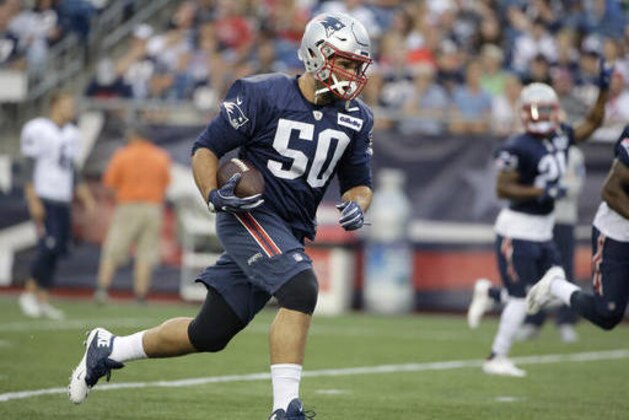 FILE - In this Monday, Aug. 1, 2016, file photo, New England Patriots defensive end Rob Ninkovich runs with the ball during NFL football training camp in Foxborough, Mass. The league announced Friday, Sept. 2, 2016, that Ninkovich has been suspended for the first four games of the regular season for violating the NFL's policy on performance enhancing substances. (AP Photo/Steven Senne, File)