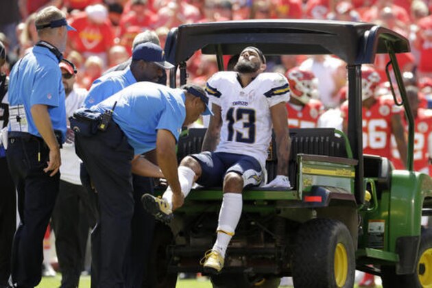 San Diego Chargers wide receiver Keenan Allen (13) is carted off the field during the first half of an NFL football game against the Kansas City Chiefs in Kansas City, Mo., Sunday, Sept. 11, 2016. (AP Photo/Charlie Riedel)