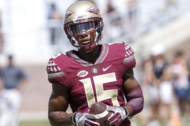 TALLAHASSEE, FL - SEPTEMBER 10: Wide Receiver Travis Rudolph #15 the Florida State Seminoles during pre-game before playing against the Charleston Southern Buccaneers at Doak Campbell Stadium on Bobby Bowden Field on September 10, 2016 in Tallahassee, Florida. The 3rd ranked Florida State defeated Charleston Southern 52 to 8. (Photo by Don Juan Moore/Getty Images)