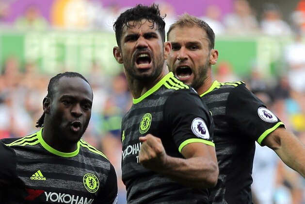 SWANSEA, WALES - SEPTEMBER 11: Diego Costa of Chelsea celebrates his second goal which he scored with a bicycle kick during the Premier League match between Swansea City and Chelsea at The Liberty Stadium on September 11, 2016 in Swansea, Wales. (photo by Athena Pictures/Getty Images)