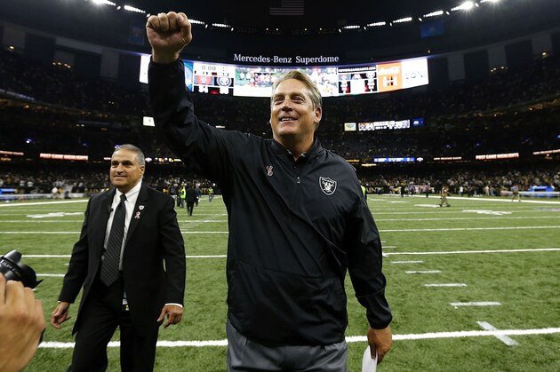 NEW ORLEANS, LA - SEPTEMBER 11: Head coach Jack Del Rio of the Oakland Raiders celebrates after winning a game against the New Orleans Saints at Mercedes-Benz Superdome on September 11, 2016 in New Orleans, Louisiana.  (Photo by Jonathan Bachman/Getty Images)