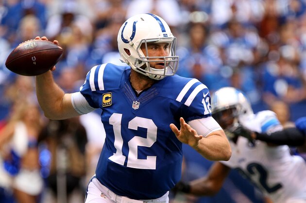 INDIANAPOLIS, IN - SEPTEMBER 11: Indianapolis Colts' Andrew Luck #12 looks for a receiver during the game between the Detroit Lions and the Indianapolis Colts at Lucas Oil Stadium on September 11, 2016 in Indianapolis, Indiana. (Photo by Dylan Buell/Getty Images)