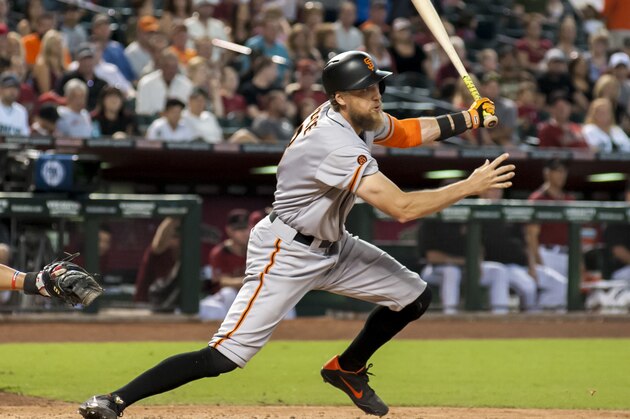 PHOENIX, AZ - SEPTEMBER 11: Hunter Pence #8 of the San Francisco Giants doubles to right field in the seventh inning of the MLB game against the Arizona Diamondbacks at Chase Field on September 11, 2016 in Phoenix, Arizona. (Photo by Darin Wallentine/Getty Images)