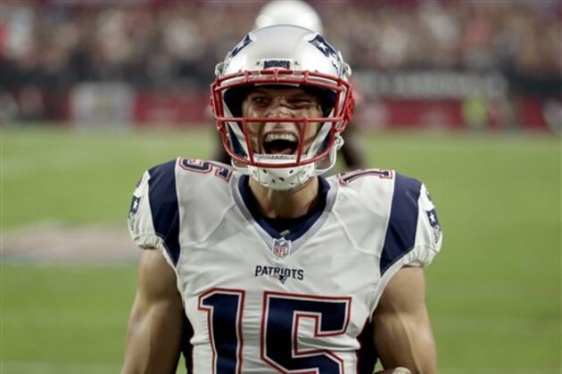 New England Patriots wide receiver Chris Hogan (15) cheers after a touchdown against the Arizona Cardinals during an NFL football game, Sunday, Sept. 11, 2016, in Glendale, Ariz. (AP Photo/Rick Scuteri)