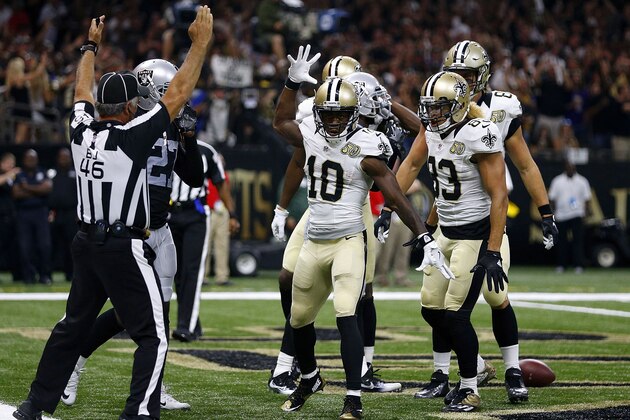 NEW ORLEANS, LA - SEPTEMBER 11:  Brandin Cooks #10 of the New Orleans Saints celebrates a touchdown during the first half of a game against the Oakland Raiders at Mercedes-Benz Superdome on September 11, 2016 in New Orleans, Louisiana.  (Photo by Jonathan Bachman/Getty Images)