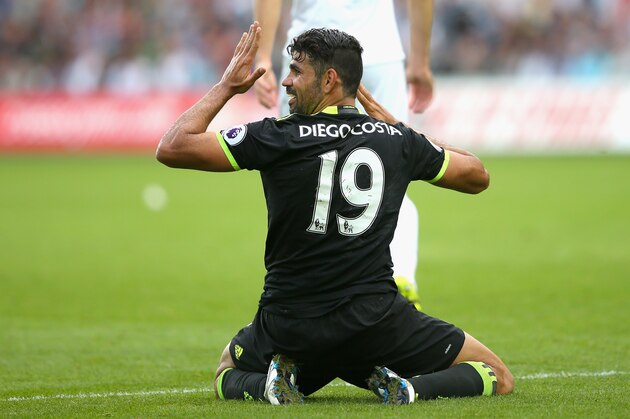 SWANSEA, WALES - SEPTEMBER 11:  Diego Costa of Chelsea reacts during the Premier League match between Swansea City and Chelsea at Liberty Stadium on September 11, 2016 in Swansea, Wales.  (Photo by Alex Livesey/Getty Images)