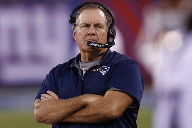 EAST RUTHERFORD, NJ - SEPTEMBER 01: Head coach Bill Belichick of the New England Patriots stands on the sidelines during their preseason game against the New York Giants at MetLife Stadium on September 1, 2016 in East Rutherford, New Jersey. (Photo by Jeff Zelevansky/Getty Images)