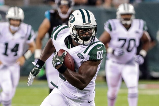 Aug 11, 2016; East Rutherford, NJ, USA;  New York Jets wide receiver Quincy Enunwa (81) gains yards during the first half of the preseason game against the Jacksonville Jaguars at MetLife Stadium. Mandatory Credit: Vincent Carchietta-USA TODAY Sports