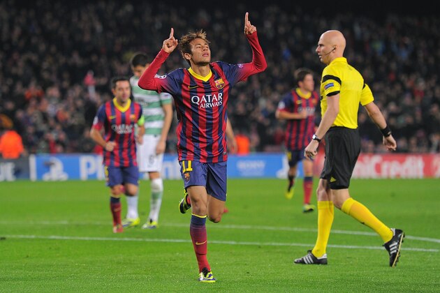 BARCELONA, SPAIN - DECEMBER 11:  Neymar of FC Barcelona celebrates after scoring his team's 4th goal during the UEFA Champions League, Group H match between FC Barcelona and Celtic FC at the Camp Nou Stadium on December 11, 2013 in Barcelona, Spain.  (Photo by Denis Doyle/Getty Images)