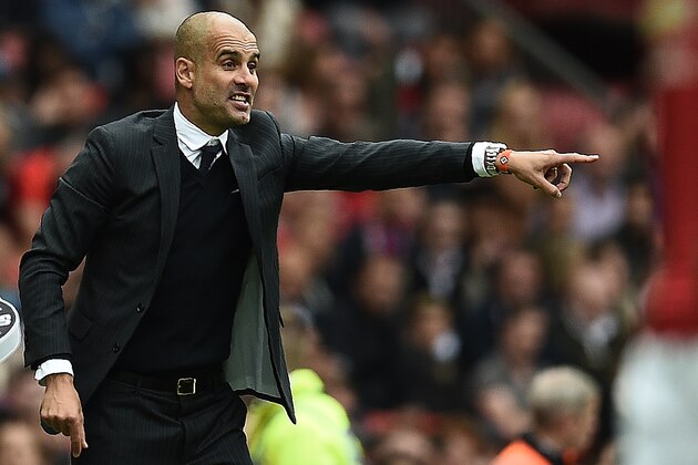 Manchester City's Spanish manager Pep Guardiola gestures from the touchline during the English Premier League football match between Manchester United and Manchester City at Old Trafford in Manchester, north west England, on September 10, 2016.
Pep Guardiola savoured a derby success over arch-rival Jose Mourinho on Saturday as Manchester City beat Manchester United 2-1 in an engrossing Premier League clash.
 / AFP / Oli SCARFF / RESTRICTED TO EDITORIAL USE. No use with unauthorized audio, video, data, fixture lists, club/league logos or 'live' services. Online in-match use limited to 75 images, no video emulation. No use in betting, games or single club/league/player publications.  /         (Photo credit should read OLI SCARFF/AFP/Getty Images)