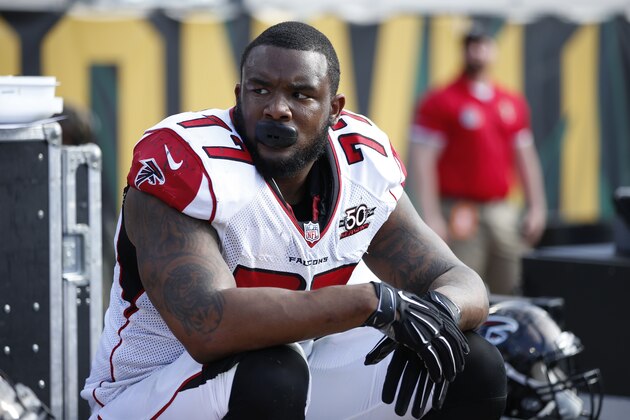 JACKSONVILLE, FL - DECEMBER 20: Ra'Shede Hageman #77 of the Atlanta Falcons looks on against the Jacksonville Jaguars during the game at EverBank Field on December 20, 2015 in Jacksonville, Florida. The Falcons defeated the Jaguars 23-17. (Photo by Joe Robbins/Getty Images)
