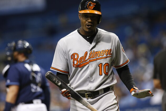 ST. PETERSBURG, FL - SEPTEMBER 6:  Adam Jones #10 of the Baltimore Orioles reacts after striking out swinging to pitcher Erasmo Ramirez of the Tampa Bay Rays during the sixth inning of a game on September 6, 2016 at Tropicana Field in St. Petersburg, Florida. (Photo by Brian Blanco/Getty Images)