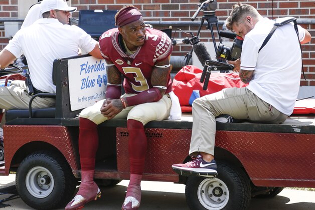 TALLAHASSEE, FL - SEPTEMBER 10: Safety Derwin James #3 of the Florida State Seminoles is carted off the field after hurting his knee during the game against the Charleston Southern Buccaneers at Doak Campbell Stadium on Bobby Bowden Field on September 10, 2016 in Tallahassee, Florida. The 3rd ranked Florida State defeated Charleston Southern 52 to 8. (Photo by Don Juan Moore/Getty Images)