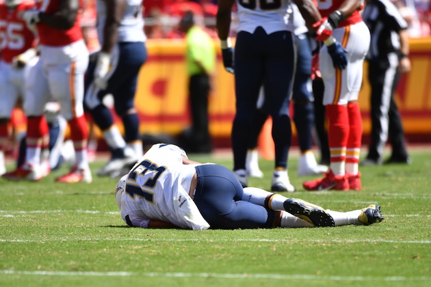 KANSAS CITY, MO - SEPTEMBER 11: Wide receiver Keenan Allen #13 of the San Diego Chargers lays on the field after being injured on a play during the third quarter of the game agains the Kansas City Chiefs at Arrowhead Stadium on September 11, 2016 in Kansas City, Missouri. (Photo by Peter G Aiken/Getty Images)