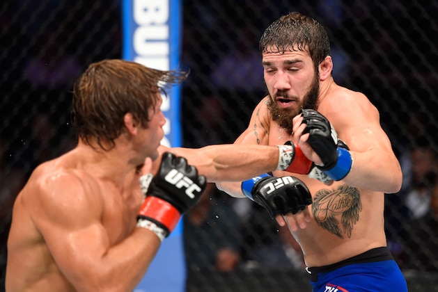 CLEVELAND, OH - SEPTEMBER 10:  (L-R) Urijah Faber punches Jimmie Rivera in their bantamweight bout during the UFC 203 event at Quicken Loans Arena on September 10, 2016 in Cleveland, Ohio. (Photo by Josh Hedges/Zuffa LLC/Zuffa LLC via Getty Images)