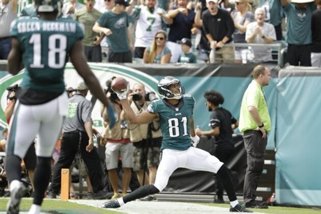 Philadelphia Eagles' Jordan Matthews celebrates after scoring a touchdown during the first half of an NFL football game against the Cleveland Browns, Sunday, Sept. 11, 2016, in Philadelphia. (AP Photo/Matt Rourke)