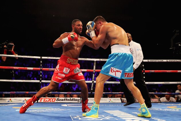 LONDON, ENGLAND - SEPTEMBER 10:  Gennady Golovkin (blue trunks) and Kell Brook (red trunks) in action during their World Middleweight Title contest at The O2 Arena on September 10, 2016 in London, England.  (Photo by Richard Heathcote/Getty Images)