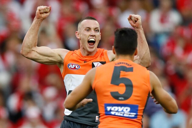 SYDNEY, AUSTRALIA - SEPTEMBER 10: Tom Scully (left)  and Dylan Shiel of the Giants celebrate during the 2016 AFL First Qualifying Final match between the Sydney Swans and the GWS Giants at ANZ Stadium on September 10, 2016 in Sydney, Australia. (Photo by Michael Willson/AFL Media/Getty Images)