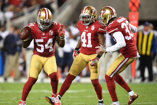 SANTA CLARA, CA - SEPTEMBER 12:  Ray-Ray Armstrong #54 of the San Francisco 49ers reacts after intercepting a pass by Case Keenum #17 of the Los Angeles Rams during their NFL game at Levi's Stadium on September 12, 2016 in Santa Clara, California.  (Photo by Thearon W. Henderson/Getty Images)
