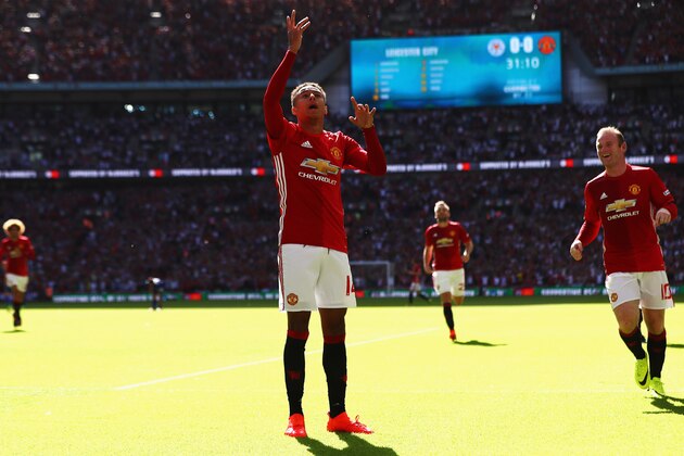 LONDON, ENGLAND - AUGUST 07: Jesse Lingard of Manchester United celebrates after scoring his sides first goal during The FA Community Shield match between Leicester City and Manchester United at Wembley Stadium on August 7, 2016 in London, England.  (Photo by Michael Steele/Getty Images)