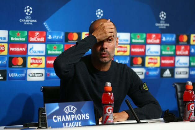 MANCHESTER, ENGLAND - SEPTEMBER 12: Manchester City manager Pep Guardiola during a press conference ahead of the UEFA Champions League match between Manchester City and VfL Borussia Moenchengladbach at the Etihad Stadium on September 12, 2016 in Manchester, England. (Photo by Dave Thompson/Getty Images)