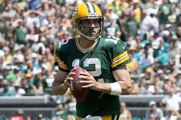 JACKSONVILLE, FL - SEPTEMBER 11:  Aaron Rodgers #12 of the Green Bay Packers attempts a pass during a game against the Jacksonville Jaguars at EverBank Field on September 11, 2016 in Jacksonville, Florida.  (Photo by Sam Greenwood/Getty Images)
