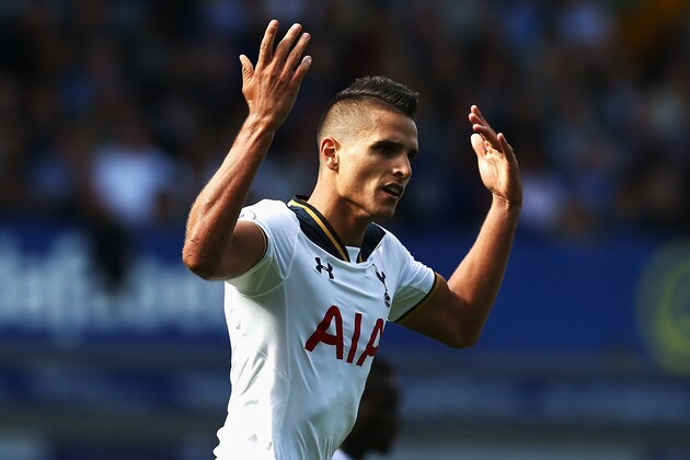 LIVERPOOL, ENGLAND - AUGUST 13: Erik Lamela of Tottenham Hotspur celebrates scoring his sides first goal during the Premier League match between Everton and Tottenham Hotspur at Goodison Park on August 13, 2016 in Liverpool, England.  (Photo by Jan Kruger/Getty Images)