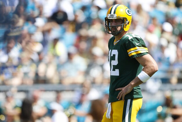Sep 11, 2016; Jacksonville, FL, USA;  Green Bay Packers quarterback Aaron Rodgers (12) looks on in the third quarter against the Jacksonville Jaguars at EverBank Field.  Green Bay Packers won 27-23. Mandatory Credit: Logan Bowles-USA TODAY Sports