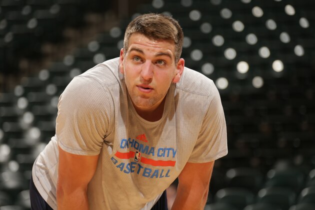 INDIANAPOLIS, IN - MARCH 19:  Mitch McGary #33 of the Oklahoma City Thunder warms up before the game against the Indiana Pacers on March 19, 2016 at Bankers Life Fieldhouse in Indianapolis, Indiana. NOTE TO USER: User expressly acknowledges and agrees that, by downloading and or using this Photograph, user is consenting to the terms and conditions of the Getty Images License Agreement. Mandatory Copyright Notice: Copyright 2016 NBAE (Photo by Ron Hoskins/NBAE via Getty Images)