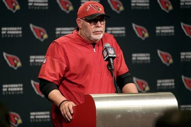Arizona Cardinals head coach Bruce Arians speaks after an NFL football game against the New England Patriots, Sunday, Sept. 11, 2016, in Glendale, Ariz. The Patriots won 23-21. (AP Photo/Rick Scuteri)