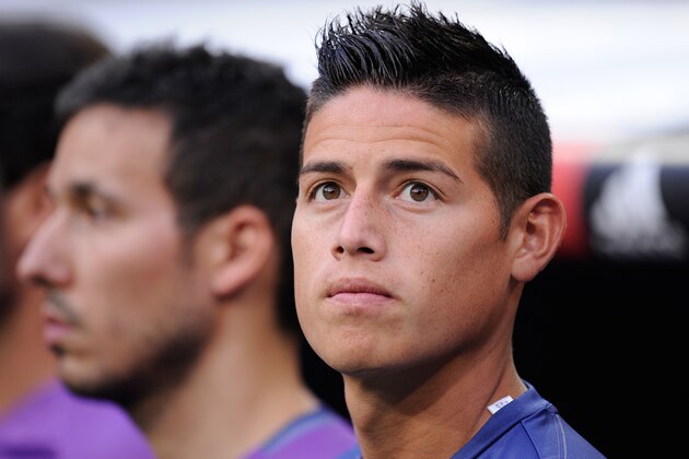 MADRID, SPAIN - AUGUST 27:  James Rodriguez of Real Madrid looks on from the bench before the La Liga match between Real Madrid CF and RC Celta de Vigo at Estadio Santiago Bernabeu on August 27, 2016 in Madrid, Spain.  (Photo by Denis Doyle/Getty Images)