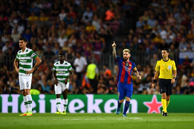 BARCELONA, SPAIN - SEPTEMBER 13:  Lionel Messi of Barcelona celebrates scoring his sides first goal during the UEFA Champions League Group C match between FC Barcelona and Celtic FC at Camp Nou on September 13, 2016 in Barcelona, Spain.  (Photo by David Ramos/Getty Images)