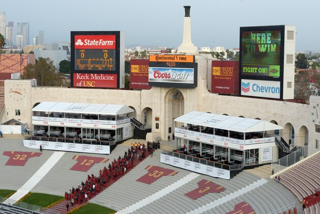 Nov 13, 2014; Los Angeles, CA, USA; Southern California Trojans coach Steve Sarkisian leads players down the peristyle steps of the Los Angeles Coliseum before the game against the California Golden Bears. Mandatory Credit: Kirby Lee-USA TODAY Sports