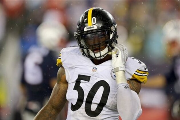 Pittsburgh Steelers Ryan Shazier #50 is seen against the New England Patriots during an NFL football game, Thursday, Sept. 10, 2015, in Foxborough, Mass. (AP Photo/Gregory Payan)