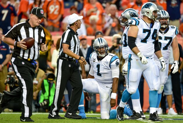 DENVER, CO - SEPTEMBER 8:  Quarterback Cam Newton #1 of the Carolina Panthers reacts after a play against the Denver Broncosat Sports Authority Field at Mile High on September 8, 2016 in Denver, Colorado. (Photo by Dustin Bradford/Getty Images)