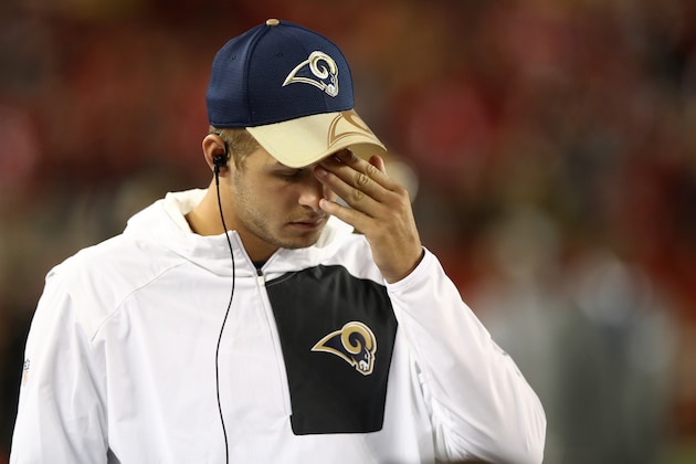 SANTA CLARA, CA - SEPTEMBER 12:  Jared Goff #16 of the Los Angeles Rams reacts on the sidelines during their NFL game against the San Francisco 49ers at Levi's Stadium on September 12, 2016 in Santa Clara, California.  (Photo by Ezra Shaw/Getty Images)