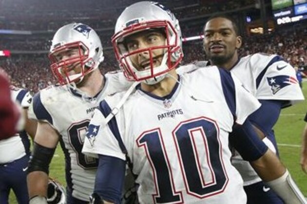 New England Patriots quarterback Jimmy Garoppolo (10) leaves the field after an NFL football game against the Arizona Cardinals, Sunday, Sept. 11, 2016, in Glendale, Ariz. The Patrios won 23-21. (AP Photo/Ross D. Franklin)
